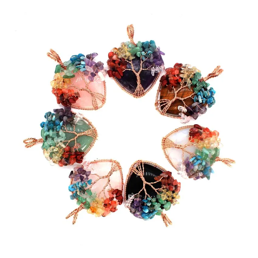 

KFT Crystal Stone Heart Shape Pendants Natural 7 Chakra Chip Quartz Wire Wrapped Tree Life Pendant Chain Necklace Women Jewelry