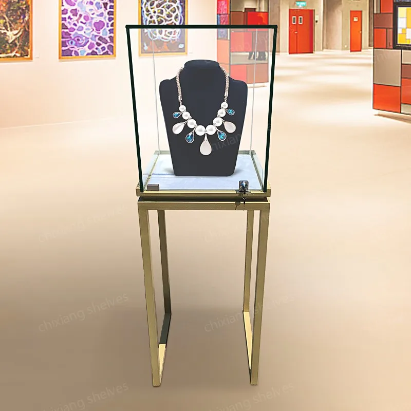 ตู้โชว์กระจกนิรภัยแบบกำหนดเองสำหรับงานแสดงสินค้าสุดหรู สำหรับสร้อยคอ สร้อยข้อมือ เครื่องประดับ อัญมณี และหยก