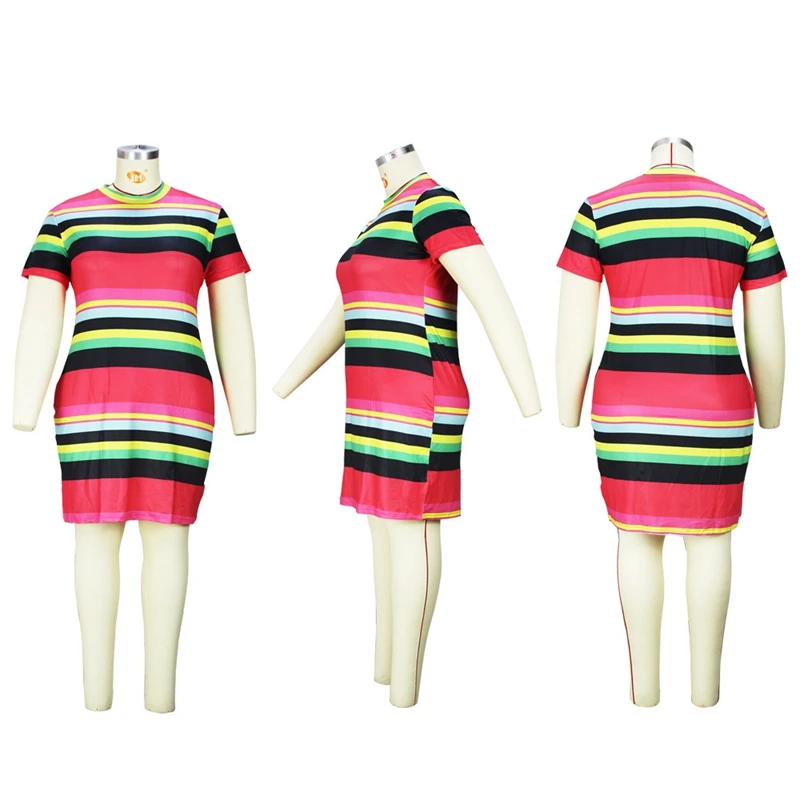 Mini robe d'été grande taille 7XL, mode femme, col rond, manches courtes, rayée, slim, sexy, extensible