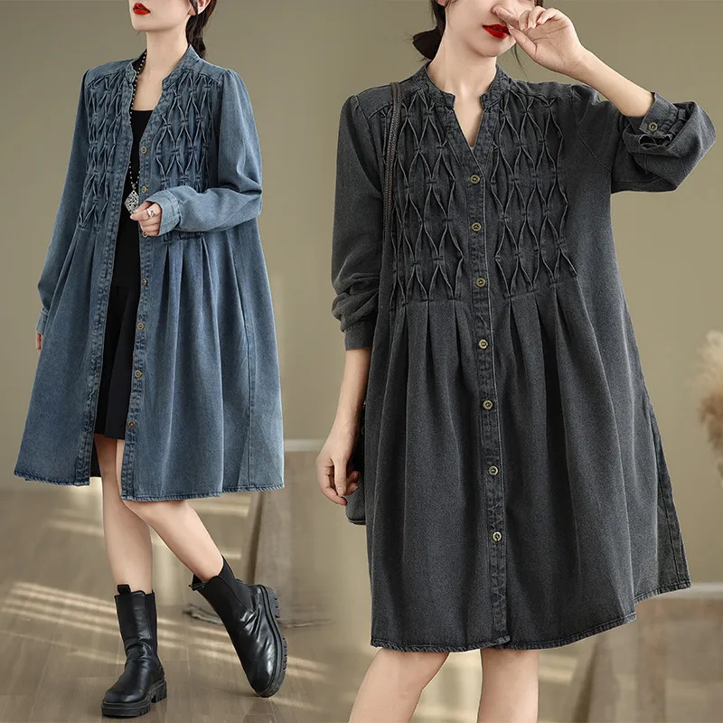 Vintage O Neck Patchwork Printed Denim Coat 2026 Women Autumn Loose Casual Large Edition Medium Long Windbreaker Jackets Outwear