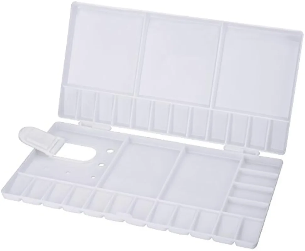 Watercolor Palette Folding Paint Tray Plastic Painting Pallet with 33 Compartments, Thumbhole and Brush Holders, White