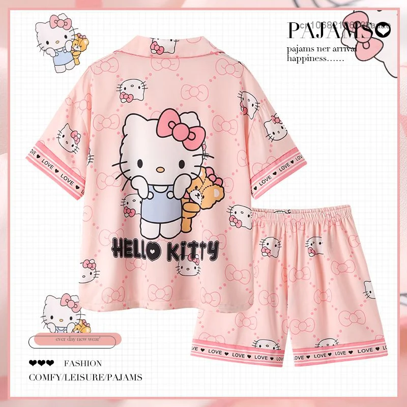 Sanrio Hello Kitty Summer Silky Pajamas Women Loose Top Shirt Shorts Home Clothes 2 Piece Matching Set Y2k Cute Sleepwear Suit