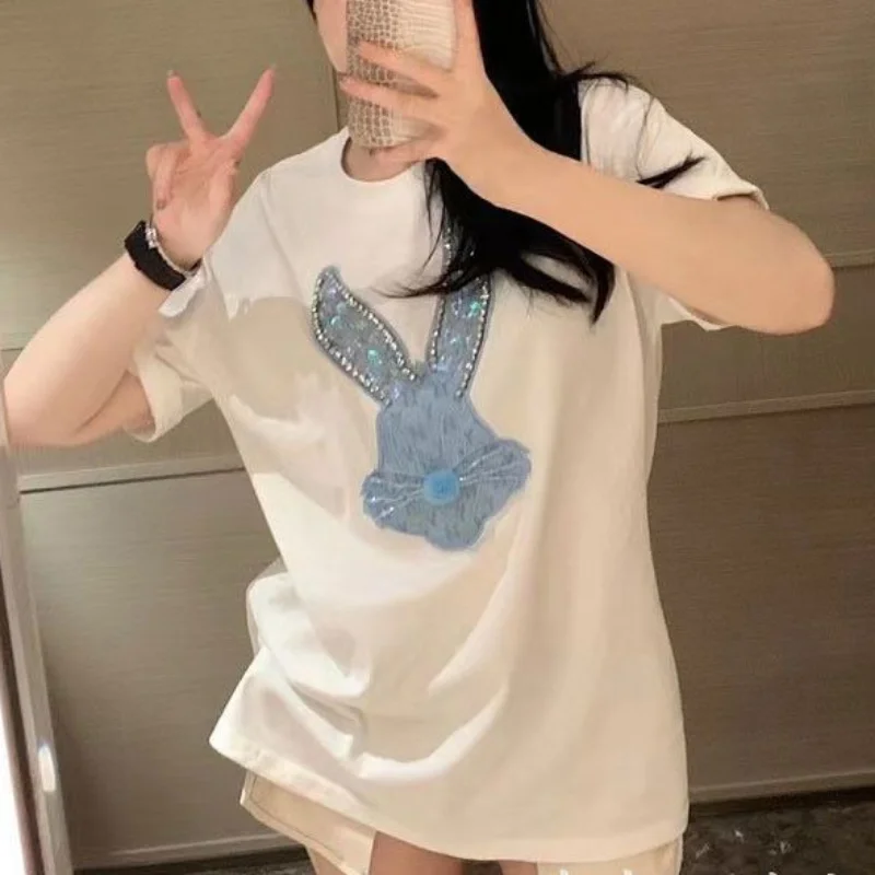 

O Neck Loose Casual All-match Women T-shirts Y2k Clothes Summer Unique Tees Cartoon Rabbit Patchwork Diamonds Design Sense Tops