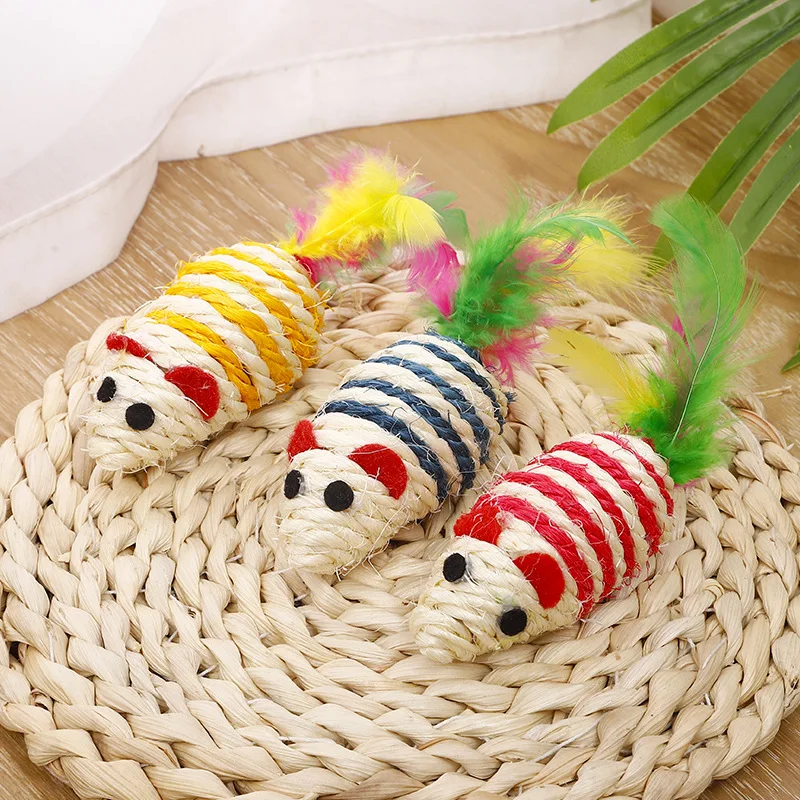 5Pcs Colorful Sisal Mouse Interactive Cat Toy Feather Pet Supplies Cat Claws Grinding Cat Training Catcher Accessories