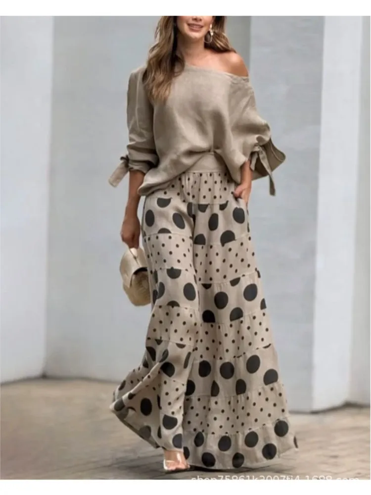 Autumn Elegant Fashion Print Women\'s Suit Two-piece Casual One-Neck Off-Shoulder Long-Sleeve Solid Color Top Loose Culottes Suit