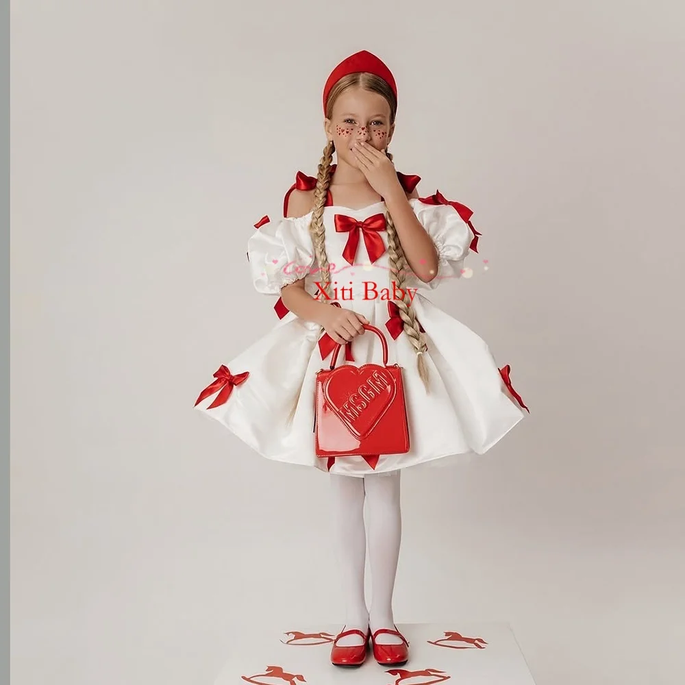 Luxury Beauty Flower Girl Dress Blue Puff Girls Party Dresses for Wedding Puff Sleeves Satin Kids Christmas Ceremonial Dress