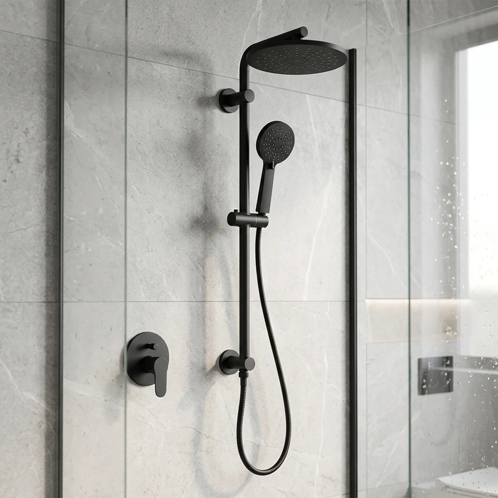 Shower Set,Matte Black Wall-mounted Top Round Shower Head Set Bathroom Handheld Shower Head Set