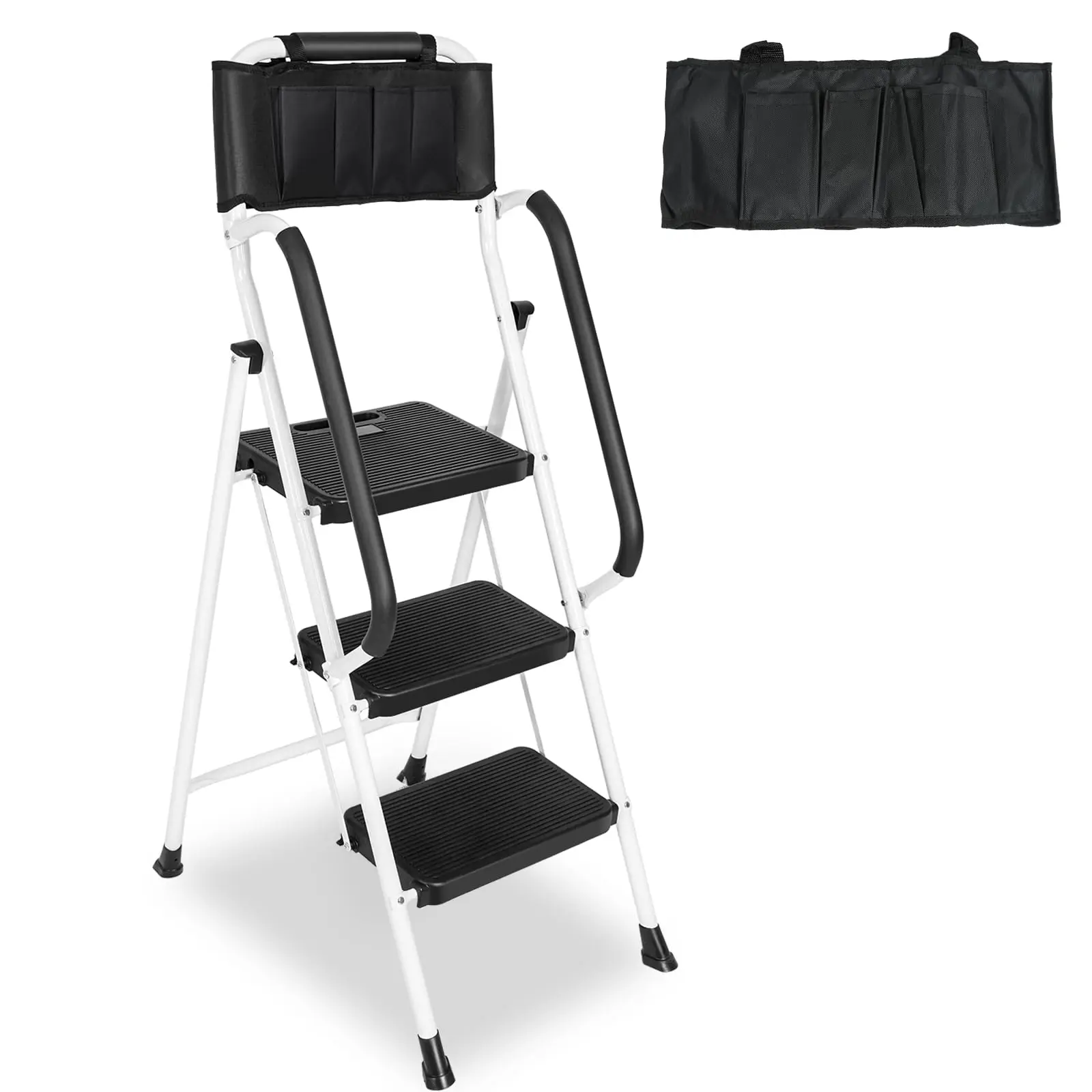 3 Step Ladder with Handrails & Attachable Tool Bag, 500 lbs Folding Step Stool Ladder, Wide Non-Slip Pedal for Kitchen