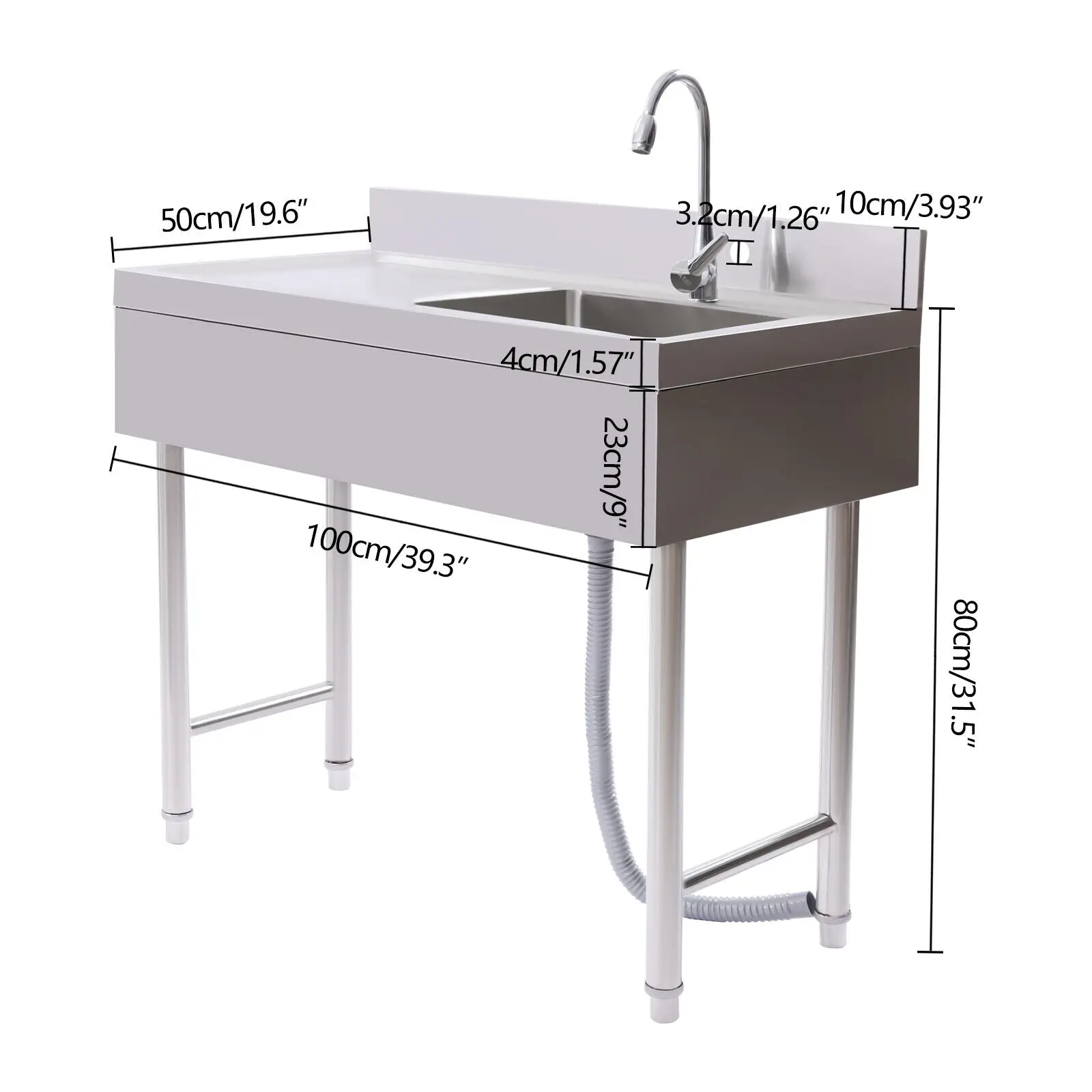 201 Stainless Steel Commercial Sink Kitchen Utility Sink 1 Compartment & Prep Table