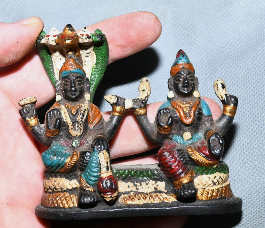 3.3'' Rare Old Tibet Bronze Painting Buddhism Vishnu Lakshmi Buddha Statue