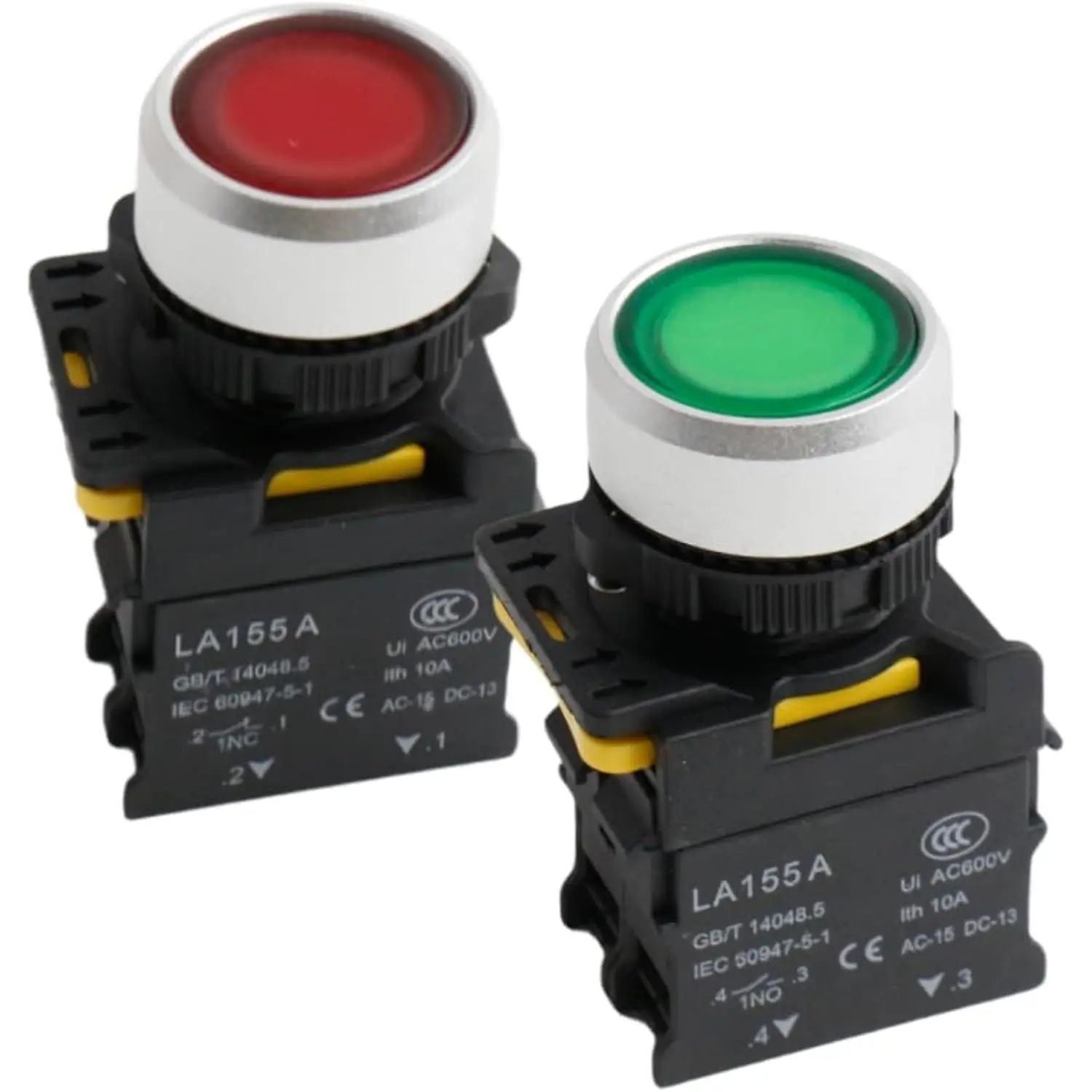 LED Push Button Switch 22mm 2Pcs Flat Head Button Switch 1NC/1NO 10A 600V Red Green LED Light Momentary Switch