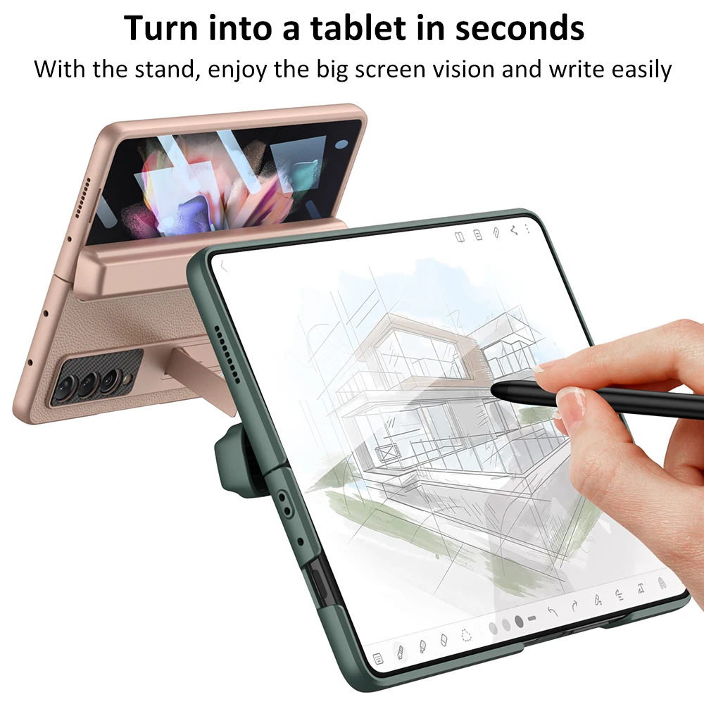 Magnetic Hinge Plain Leather Case For Samsung Galaxy Z Fold 3 All-included Protective Pen Holder Cover For Galaxy Z Fold3 4 Case
