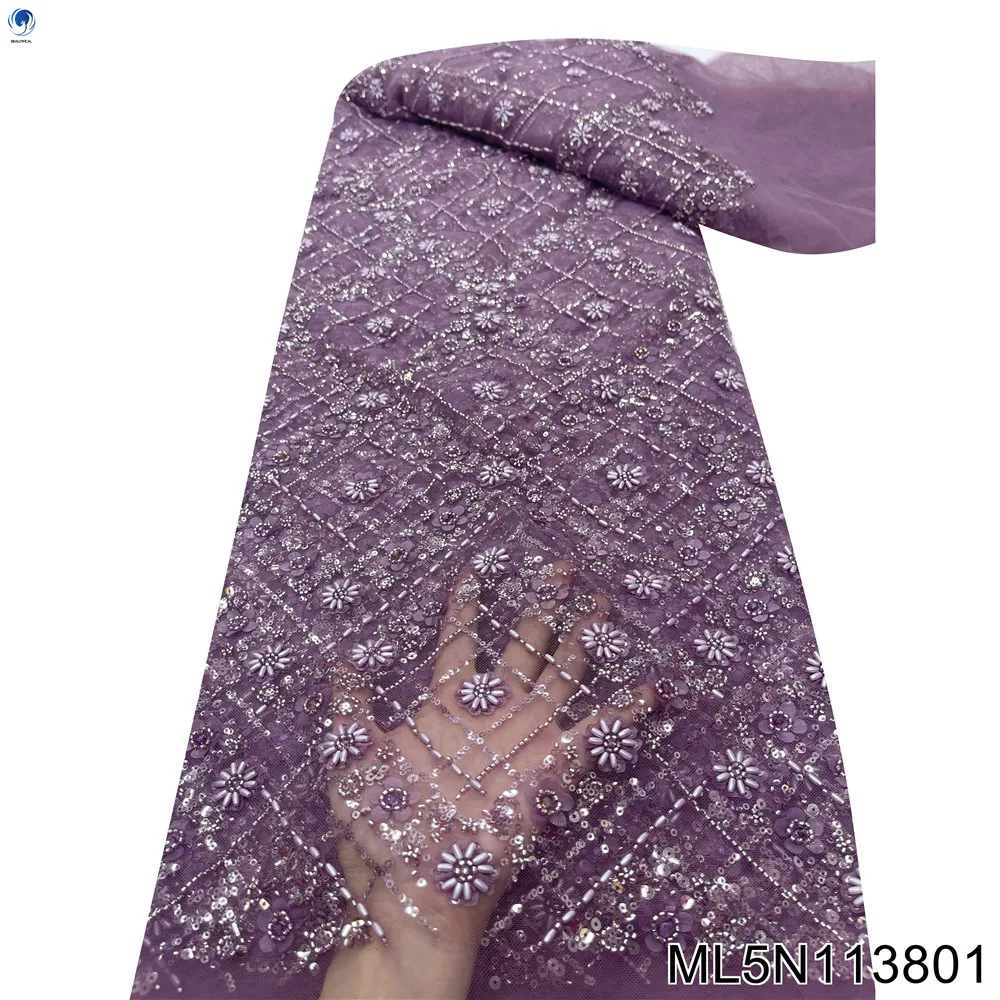 

Lace Garment Cloth for Women, Handmade Bead with Sequins, Fabric Sewing, Catwalk Evening Gowns, ML5N1138, Fashion