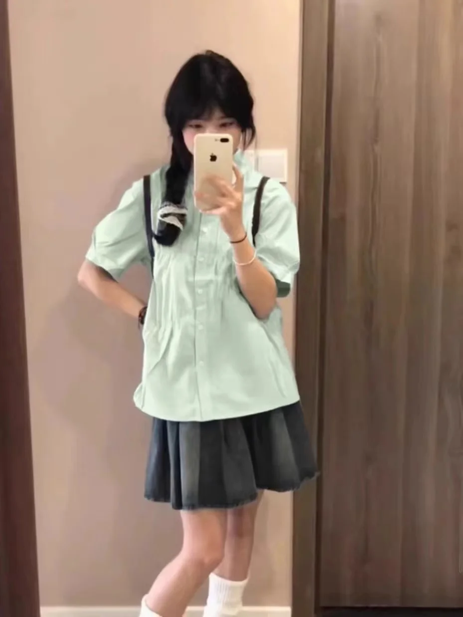 

Mango Mint Green Short Sleeve Shirt Women's Summer 2025 New Loose Small Size Bubble Sleeve Elegant Beautiful Top