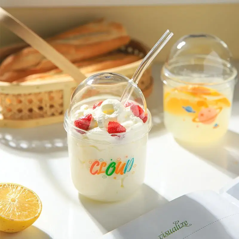 

Cute Cartoon Transparent Glass Cup with Lid Straw 430ml Iced Coffee Milk Drinks Bobo Water Mug Cup