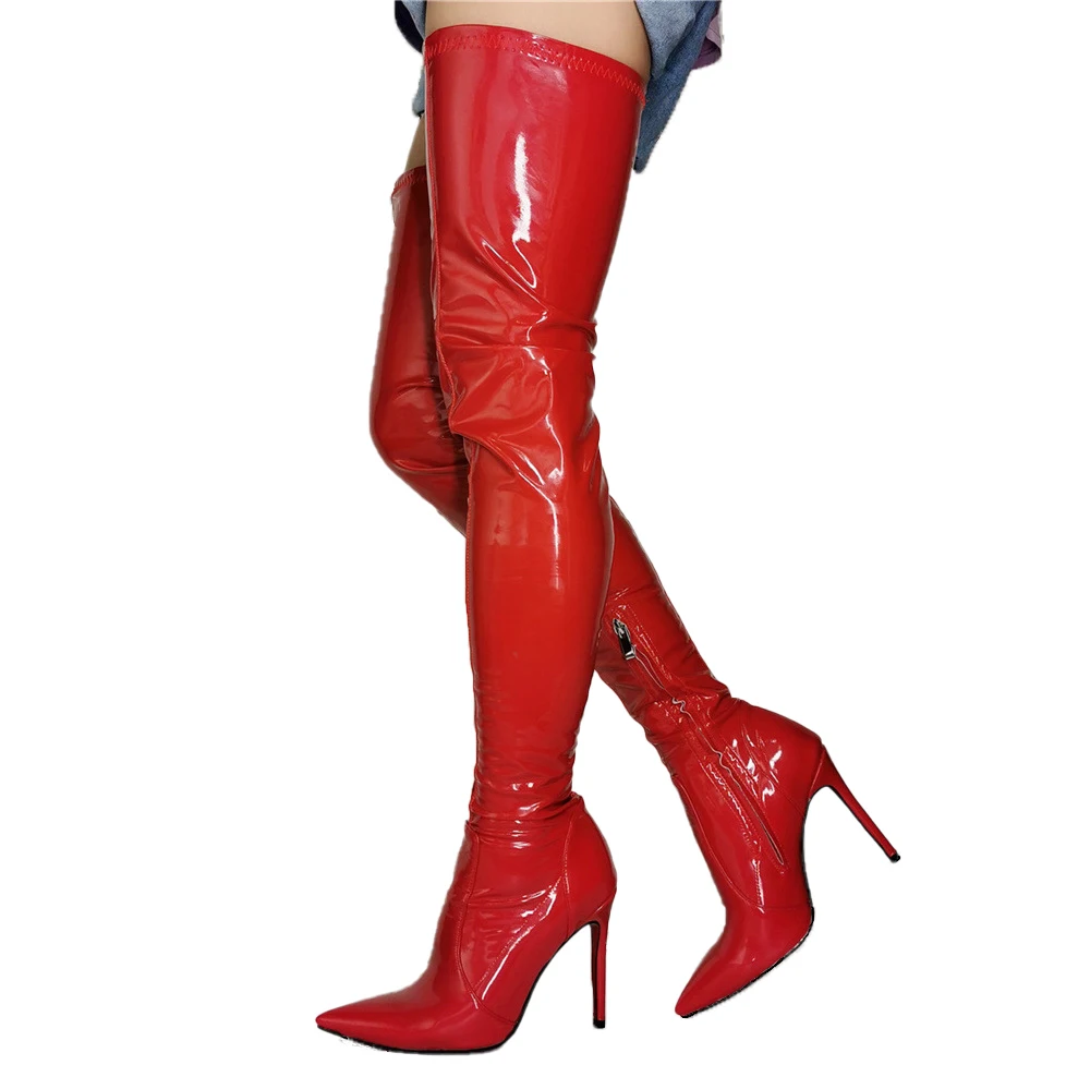 

Sexy Pointed Toe High Heel Stretch Overknee Patent Leather Fashion Women's Boots Plus Size 46 47 Side Zipper Thigh Female Boots