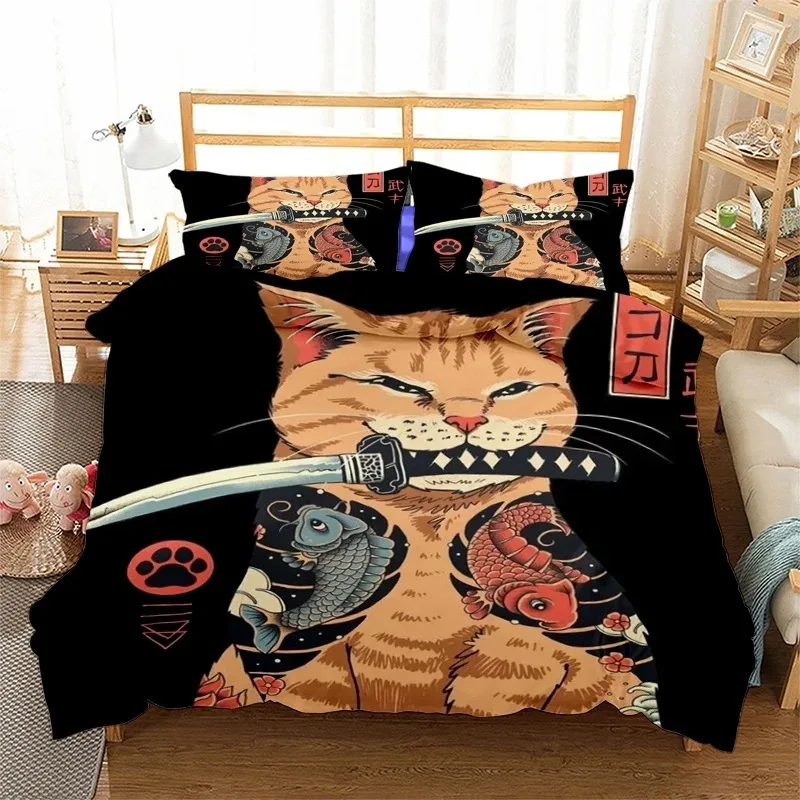 Phechion Samurai Cat Tattoo 3D Print Bedding Set Duvet Covers Pillowcases One Piece Comforter Bedding Sets Bedclothes Bed K580