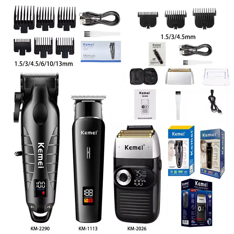 Kemei KM-2290 KM-1113 KM-2026 professional Electric hair clipper kit Men\'s Shaver Cordless Barber Hair Trimmer USB beard Razor