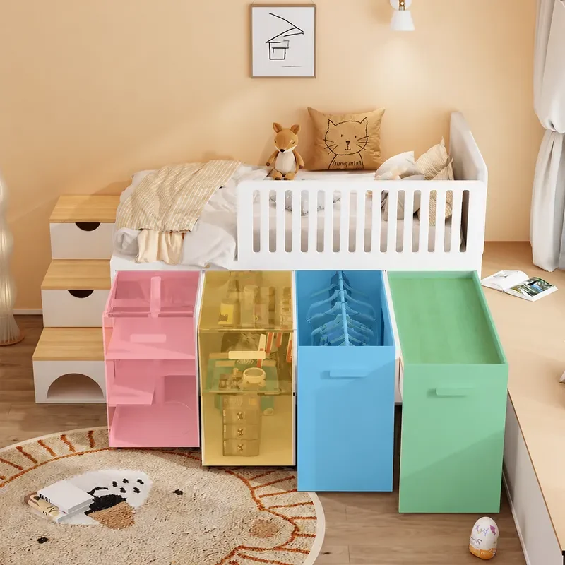 Half Height Bed with Integrated Wardrobe and Lower Cabinet Pull Out Desk Storage Unit Cat Nest Combo Space Saving Furniture