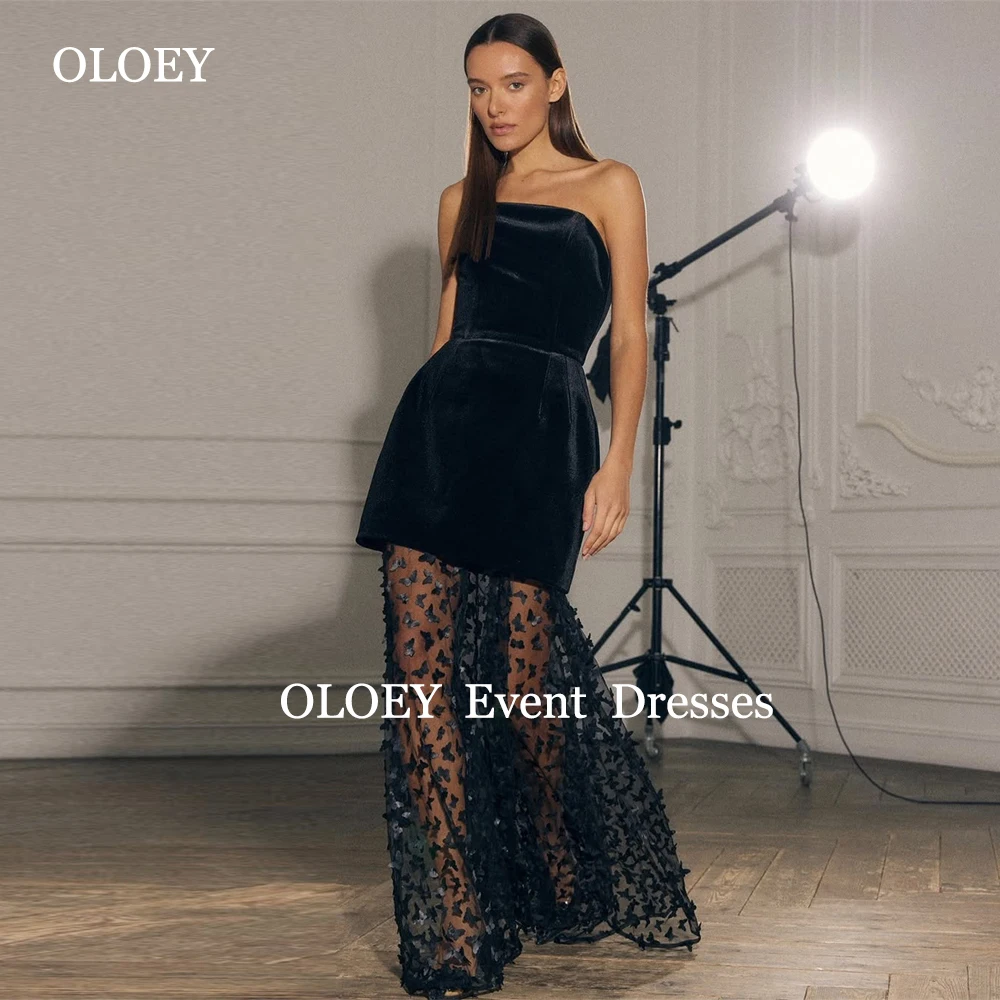 

OLOEY Elegant Black Strapless Prom Dresses Sleeveless Floor Length Velour Wedding Party Gowns Butterflies Lace Customized