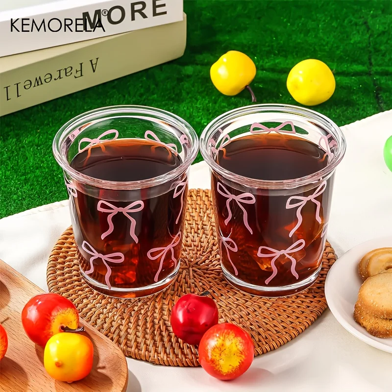 KEMORELA 1/2 Pack Bow Glass Cup Pink Bow Iced Coffee Cup 320ML  Cup Cute Drinking Cup Suitable For Ladies Sisters Gathering