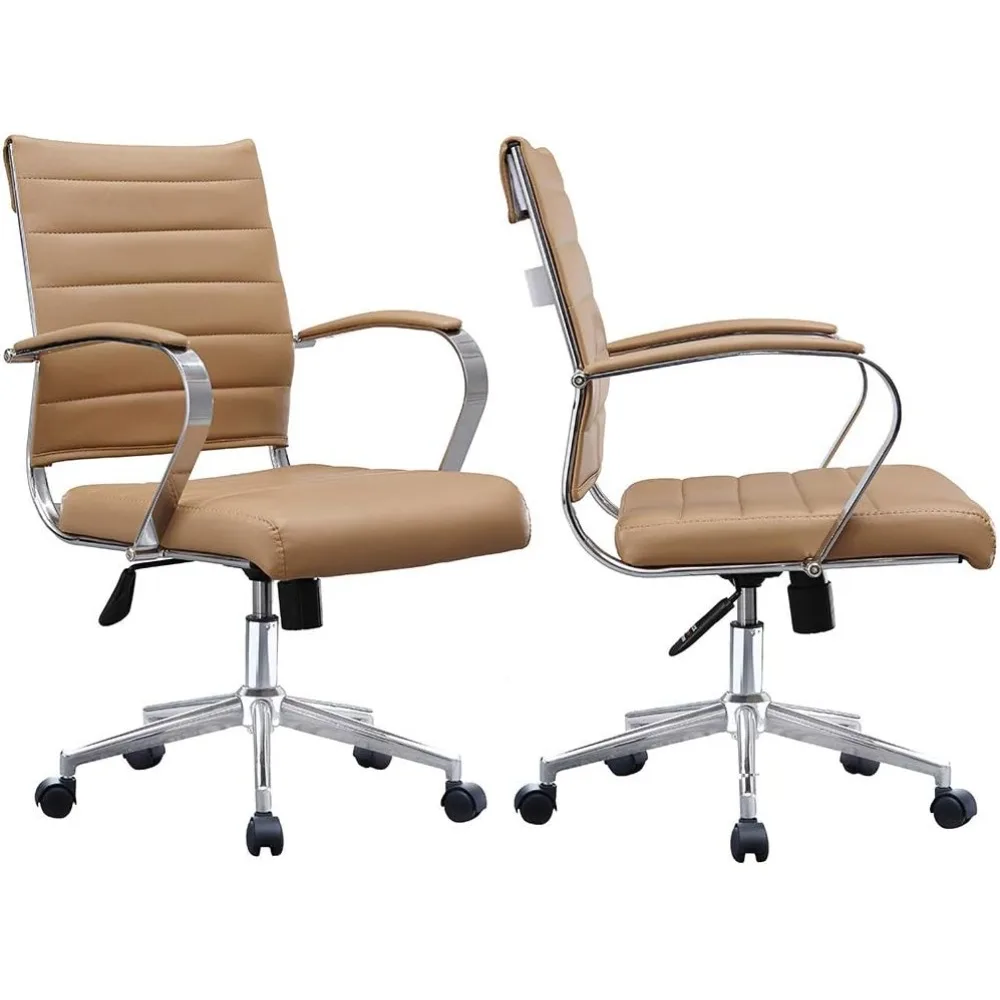 Set of Two (2) - Tan - Modern Mid Back Ribbed PU Leather Swivel Tilt Adjustable Chair Designer Executive Managemen