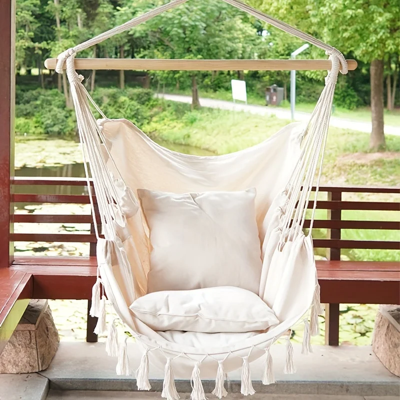 

[Classic Model]Solid color beige and gray Bohemian-style fringed design outdoor swing chair, hanging chair, egg-shaped chair. Su