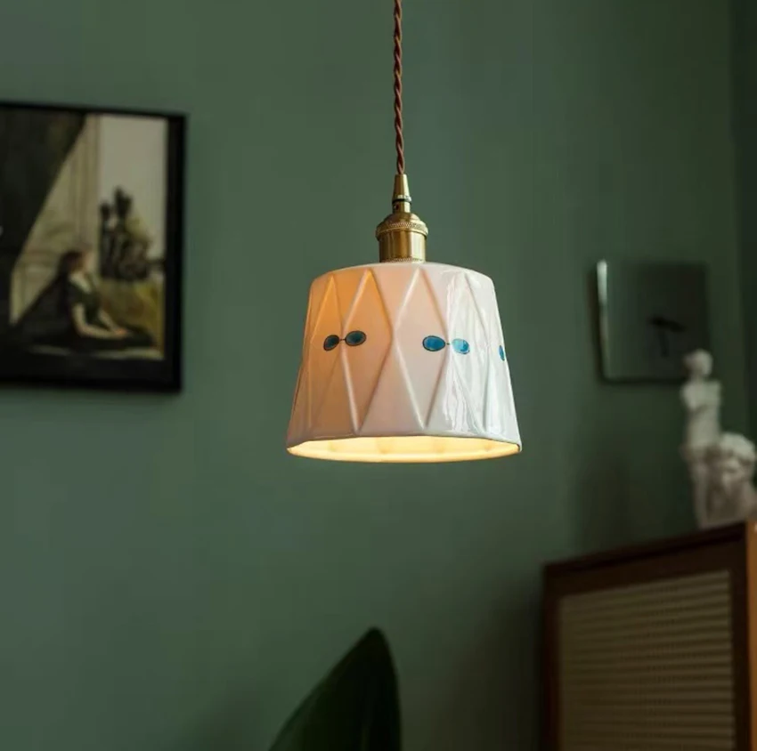 Vintage Hand Painted Ceramic Pendant Light Japanese Cream Hanging Light For Dining Room Bedside Kitchen Island E27 Pendant Lamp