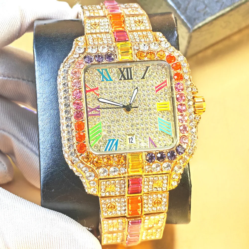 Voll Diamantbesetzte Regenbogen-Diamant-Quarzuhr für Herren Iced Out Gold Gypsophila Vintage Quadratische Hip-Hop Herrenuhr Reloj