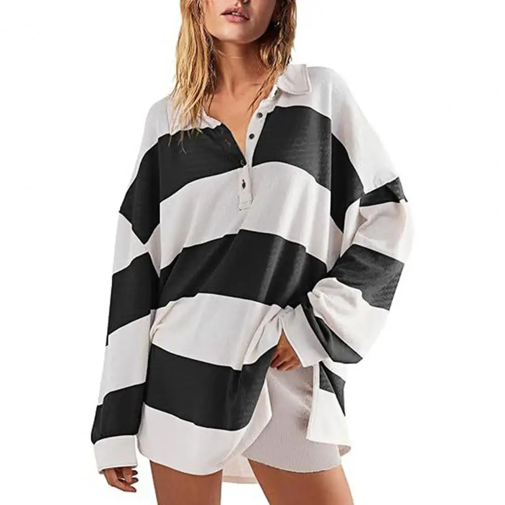 Women Oversized Sweatshirt Autumn Sweatshirt Colorblock Striped Women's Sweatshirt with Turn-down Collar Buttons for Homewear