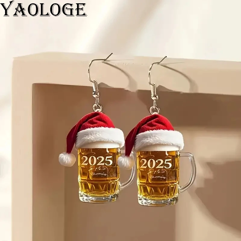 YAOLOGE New 2025 Christmas Hat Beer Glass Earrings For Women Novelty And Creativity New Year Gift Eardrop Party Jewelry Gifts