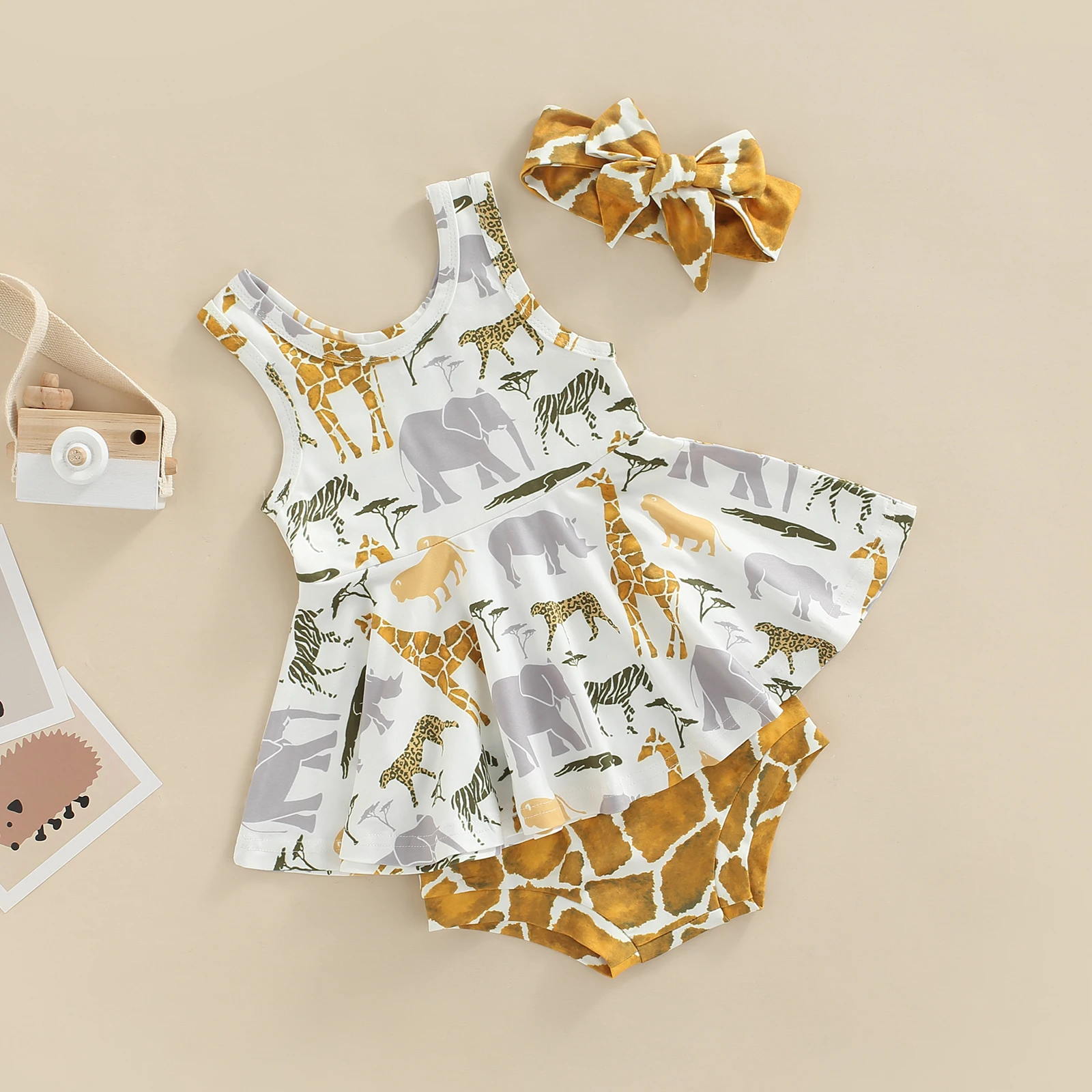

Newborn Baby Girls Summer Three Pieces Clothes Suit Sleeveless Animal Print A-Line Vest High Waist Shorts Headband Infant Set