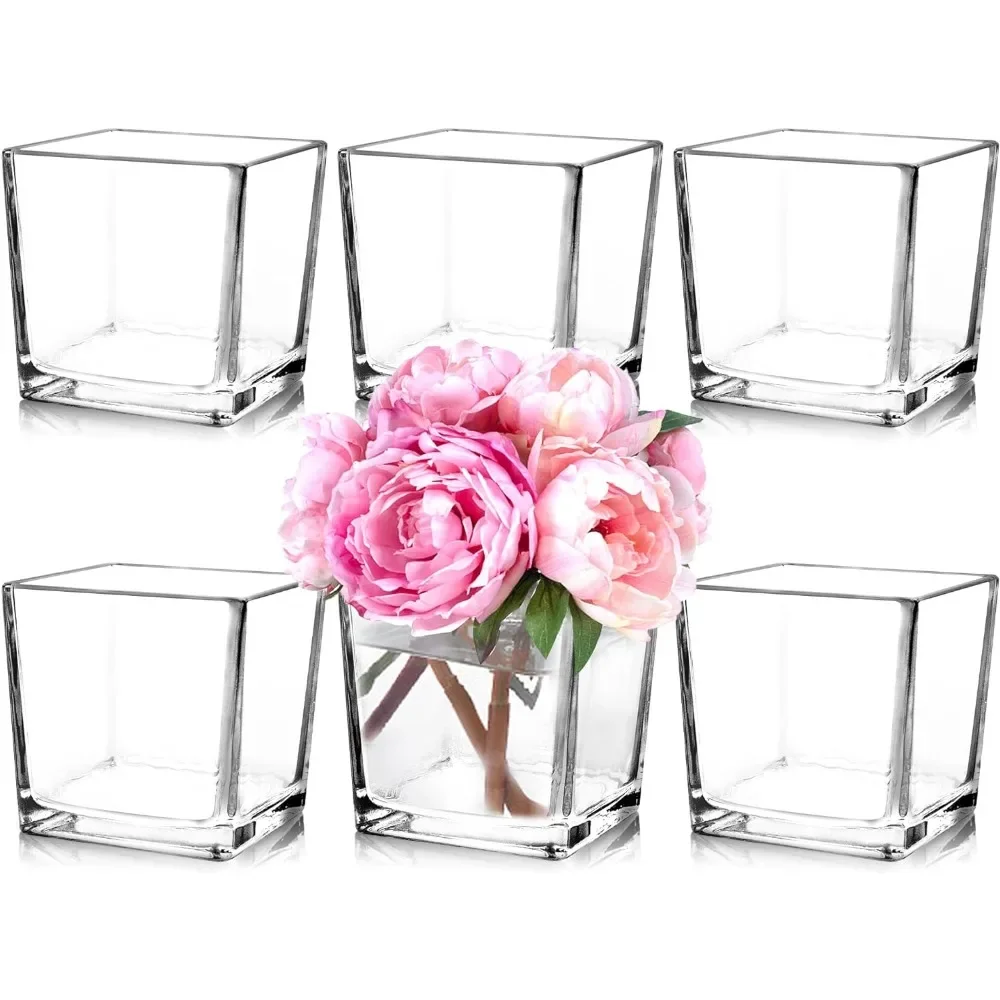 

6 Square Glass Vases 5" x5" x 5", Clear Flower Vases for Centerpieces, Candle Holder for Wedding Party Events, Home Décor