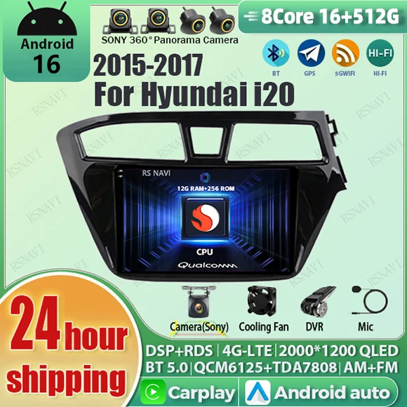 

Android 16 wifi+4G Carplay AUTO Car Radio For Hyundai I20 RHD 2015 2016 2017 2018 Navigation GPS Video Player Stereo Multimedia