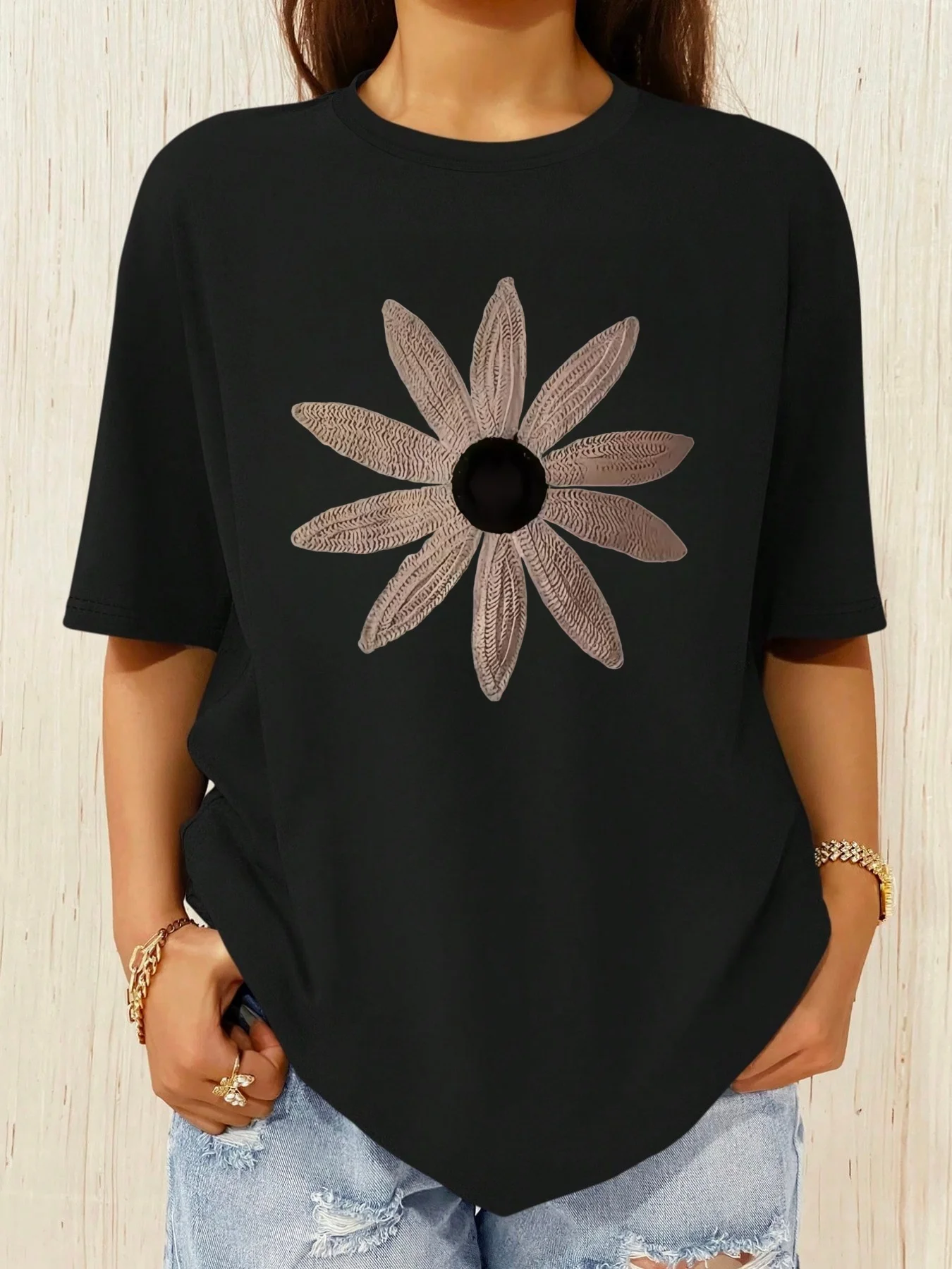 Fashionable floral print casual design, fashionable and versatile women's pure cotton T-shirt