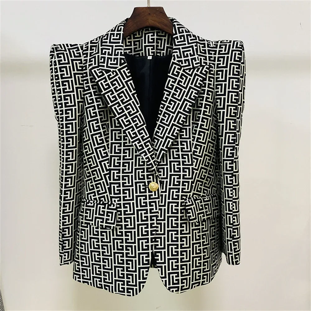 Women Formal Blazer 2023 New in Peak Shoulder Geometric Monogram Jacquard Single Button Jacket Elegant Work Wear Office Coat