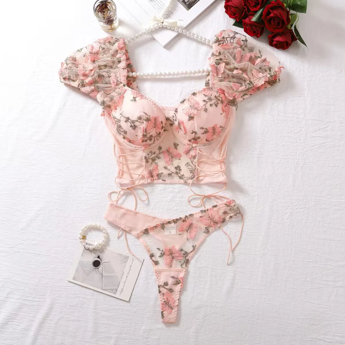 

Mesh Sheer Sexy Underwear Suits Lace-Up Puff Sleeves Short Top+Mini Briefs Floral Embroidery Sensual Two Piece Set