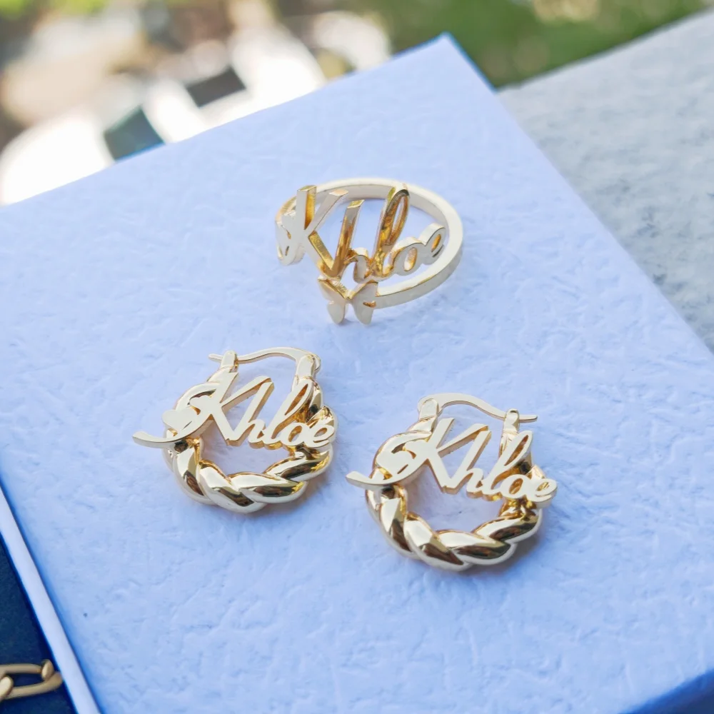 LeeChee Butterfly 4Pcs Set Custom Name Earrings Butterfly Charm Bracelet Ring Heart Pendant Necklace Jewelry Girls Set