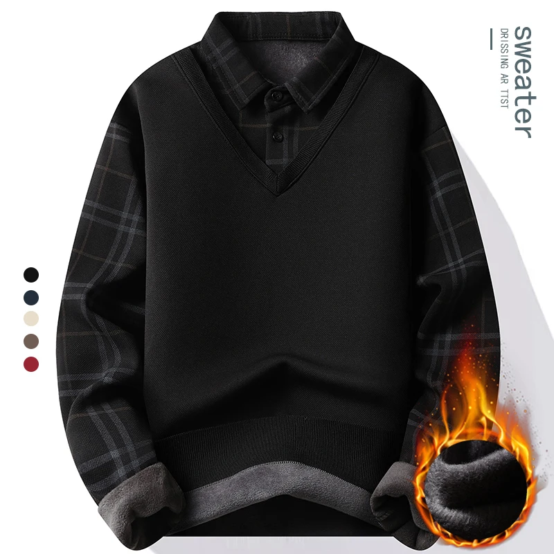 New Mens Fleece Polo Collar Sweater Fake 2 Pieces Patchwork Velvet Pullovers Slim Fit Tops Elegant Knitted Sweaters