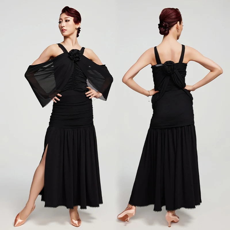 

Костюм для бальных танцев 2025, женские топы на бретелях, черная юбка с разрезом для взрослых, одежда для вальса, танцевальная одежда, платье для соревнований DNV23501