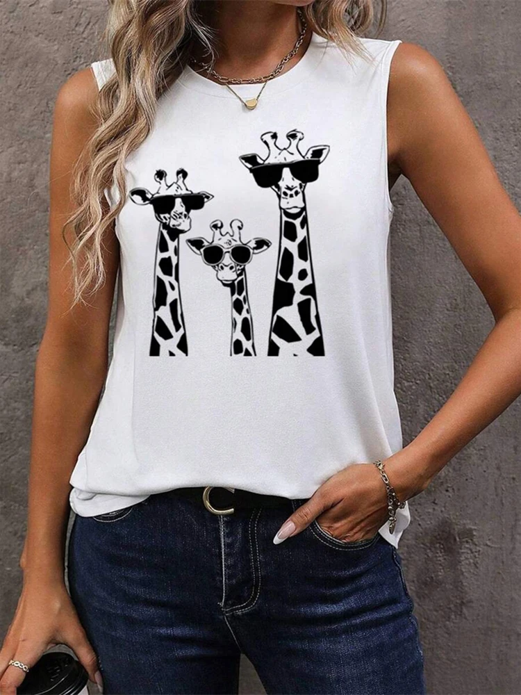 2026 Nuova canotta da donna con stampa giraffa Canotta da donna alla moda da strada all'aperto Canotta girocollo da donna casual per tutti i giorni