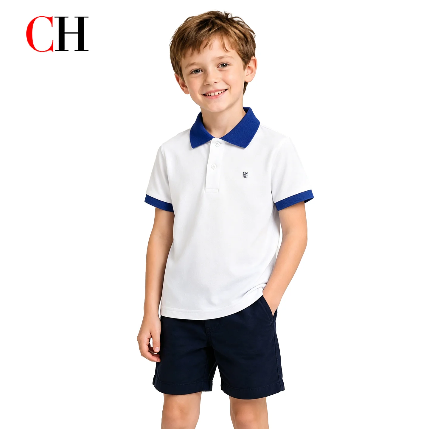 CH Kids White Polo Short Sleeve Top Royal Blue Lapel Cuffs Embroidered Logo Breathable Cotton School Uniform Summer Daily Outfit