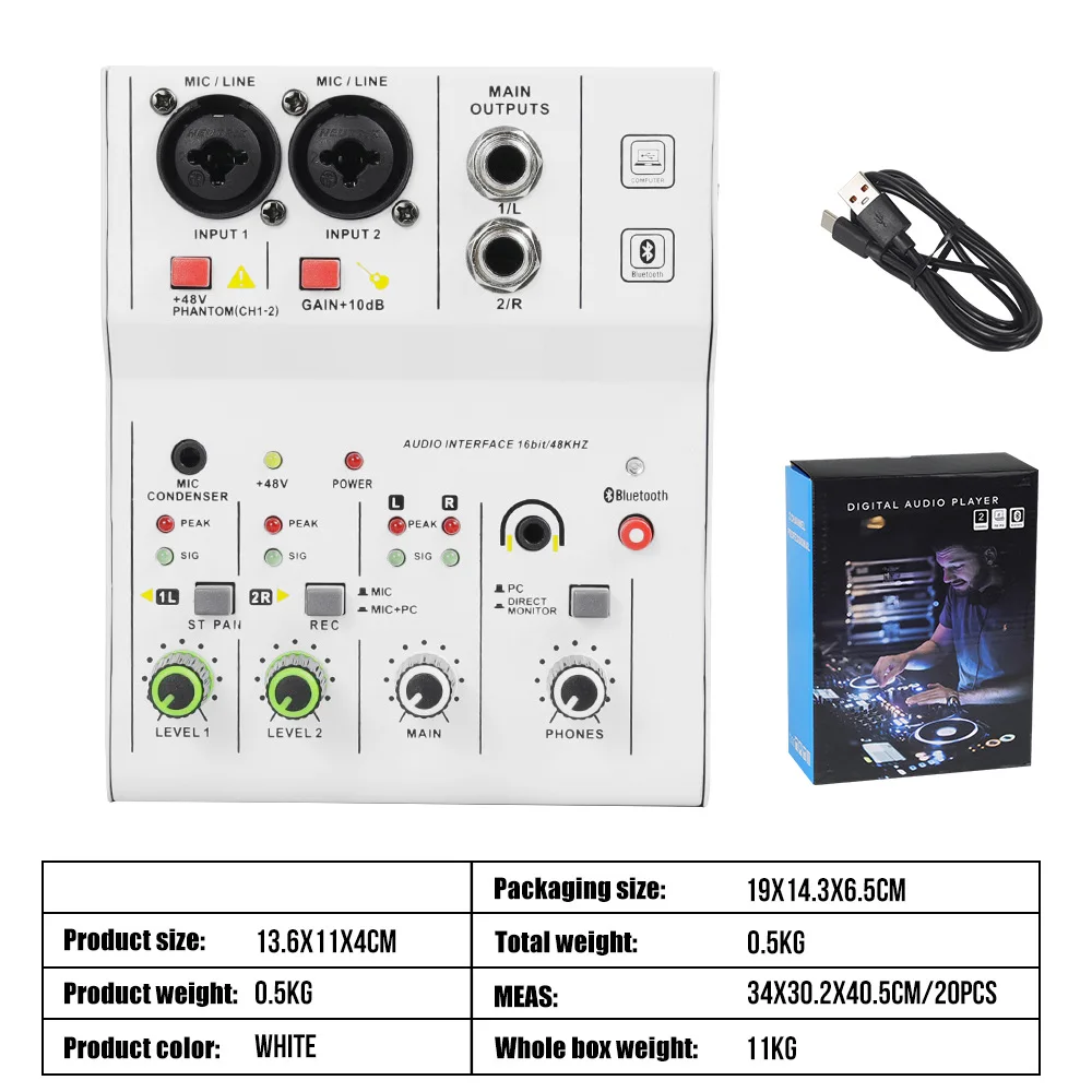 

2-Channel Professional Sound Mixer Console Mini Audio Mixer Sound Card Computer Input 48v Power USB Computer Record NA4