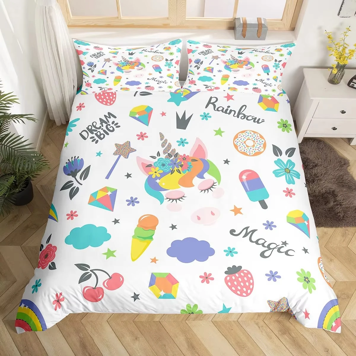 Fantasy Rainbow Duvet Cover Unicorn Bedding Set For Kids Girls Cartoon Animal Dessert Comforter Cover With 2 Pillow Cases, Queen