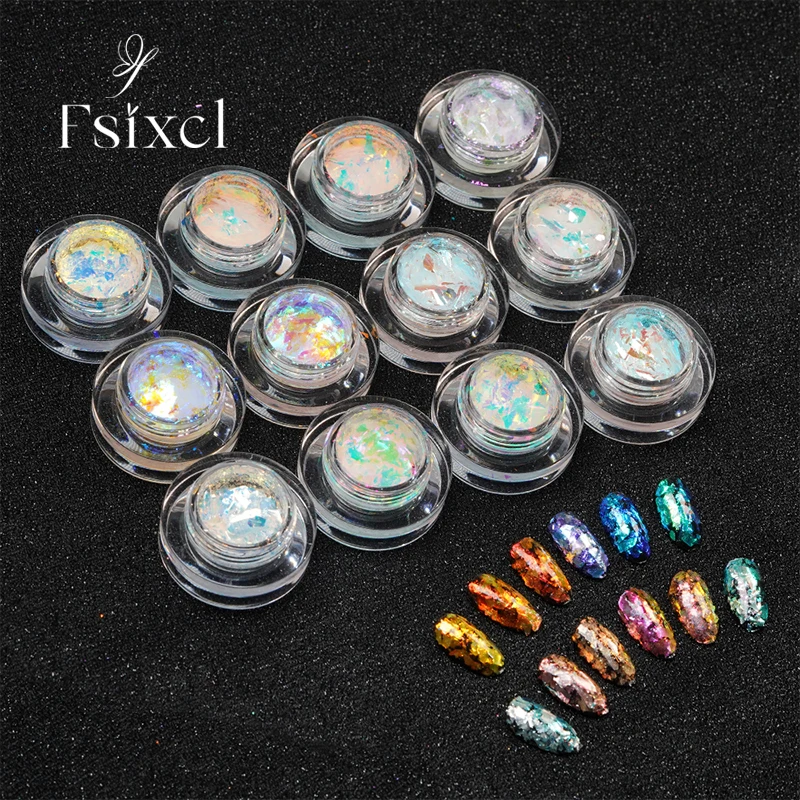 

FSIXCL 12 Colors Aurora Crystal Opal Nail Powder Irregular Chunky Flakes for Nails Professional DIY Powder Manicure WF Series