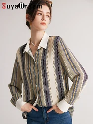 SuyaDream, Women Printed Shirts, 100%Real Silk, Single Breasted Chic Striped Blouses, 2024 Spring Summer Office Lady Top