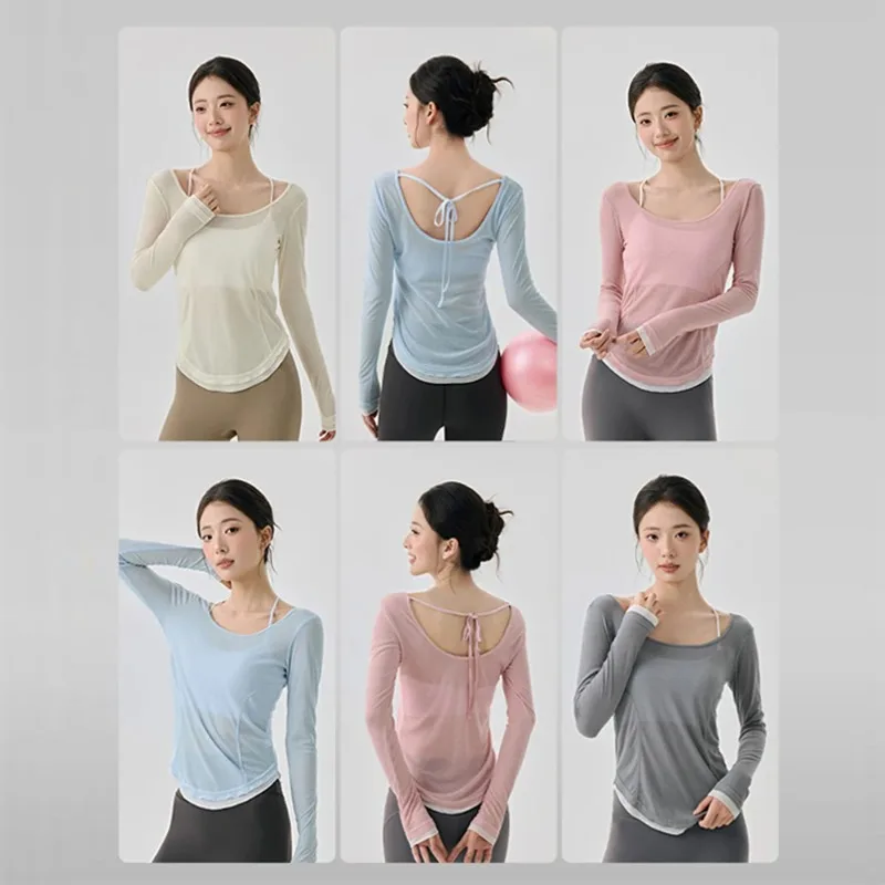 

Women's Yoga Cover Up with Tie Back Design Long Sleeve Slim Fit Lightweight Shirt Sexy Back Revealing Gym Wear