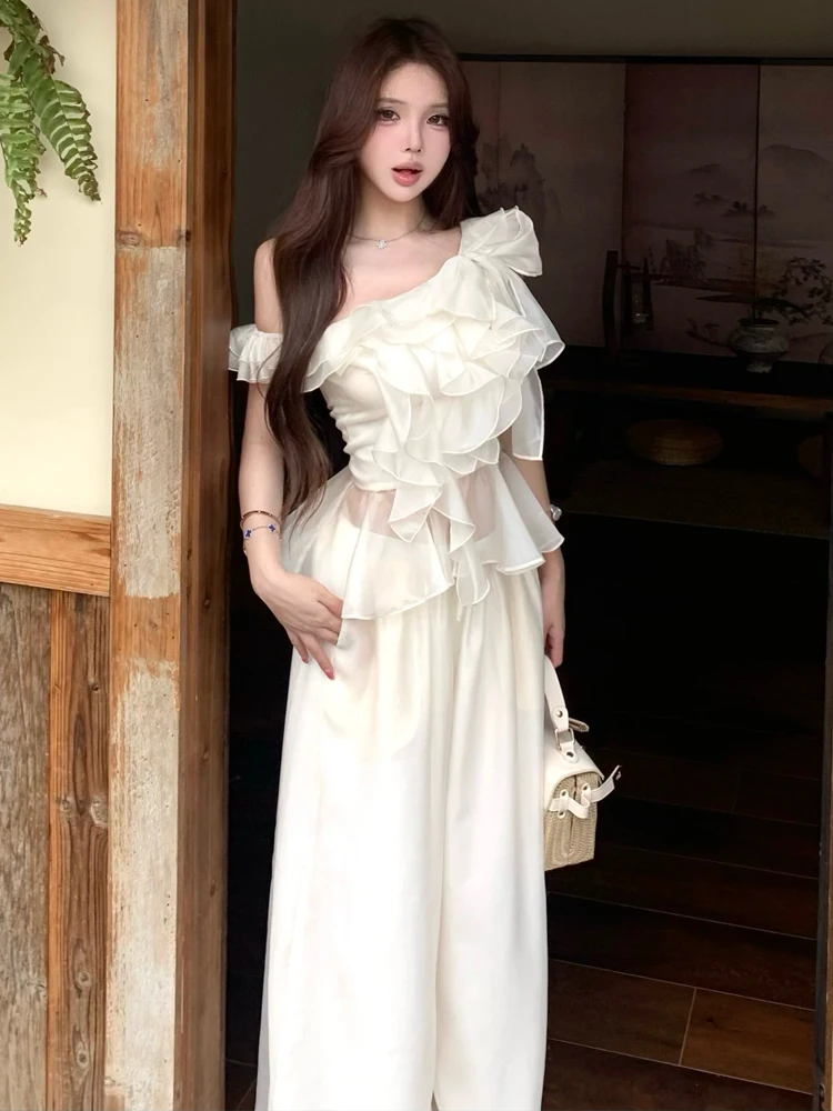 

Sexy Sweet Gentle Wind Trimmed Loose Wide Leg Pants Set High Waist Straight Tube Long Top And Bottoms Floral Casual Wear
