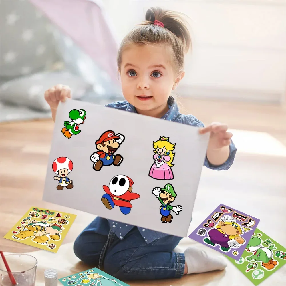 8/16Sheets Super Mario Bros Puzzle Sticker Children DIY Funny Games Make-a-Face Assemble Jigsaw Sticker DIY Book Kids Toys Gift