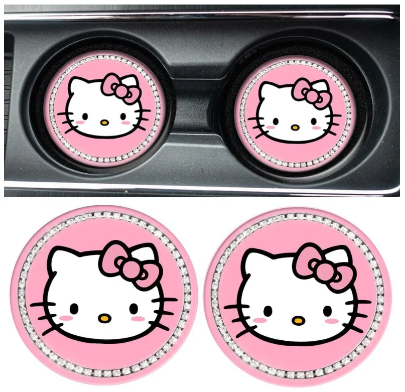 2pcs Hello Kitty Car Coaster For Vehicle Cute Cartoon Non-slip Cup Pads Cup Holder Decoration Car Interior Accessories